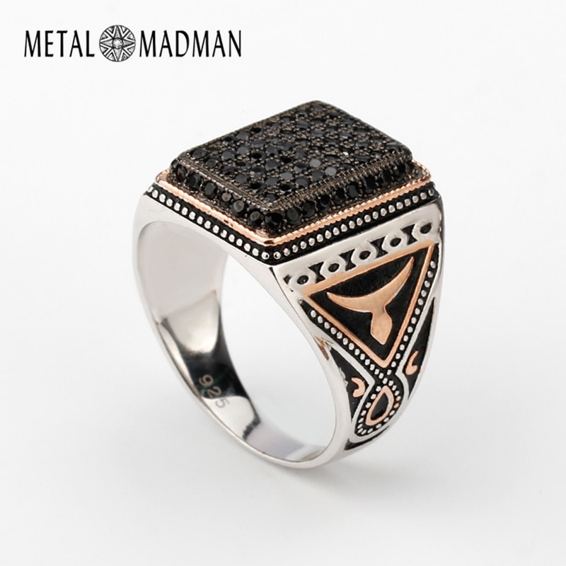 Echt 925 Sterling Zilveren Punk Geometrische Rechthoek Signet Pave Instellen Black Cubic Zirkoon Ring voor Mannen Party Sieraden