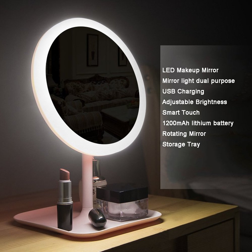 Espejo LED de sobremesa para maquillaje ligero, espejo con luz de relleno, espejo de belleza portátil inteligente con pantalla táctil opcional, brillo, carga USB