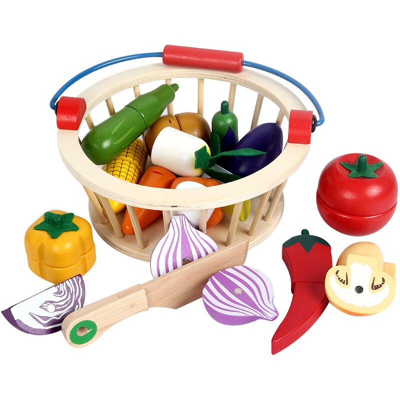 Simulation Vegetable Fruits Cutting Set Magnetic Wooden Toys For Kids Wood Tray/Basket Food Kitchen Toys Educational Kids