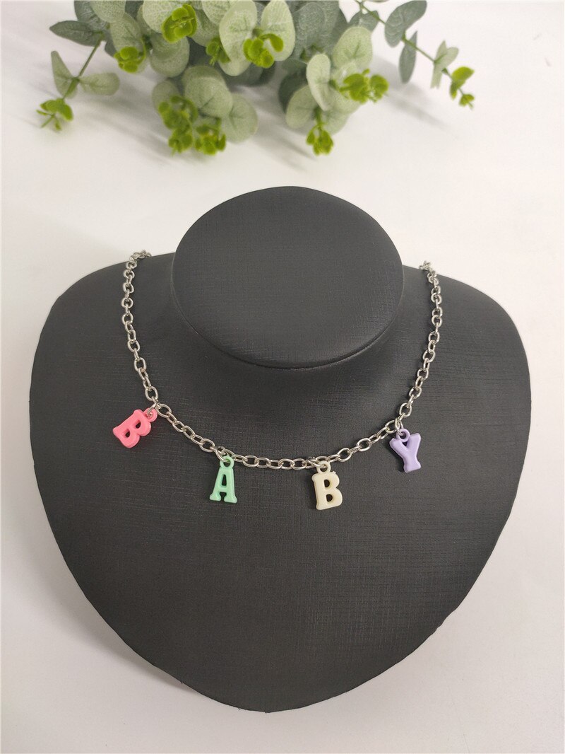 Women ANGEL Letter Charm Choker Necklace Boho Colourful Chain Collares Clavicle Chain Alphabet Pendants Collares Jewelry: BABY