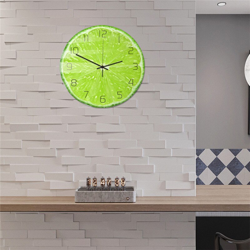 Groene citroenfruit wandklok voor keuken, acryl, stille hangende horloge, slaapkamerhorloge, lasser, muurklok, woondecoratie