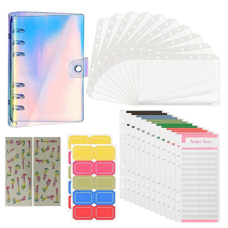 Taope Budgetplanner, A6, geldorganizer met zachte tas, leren ringband met 6 gaten, notitieboek, cash stuffing, huishoudboek met geldvakken, laserzilver