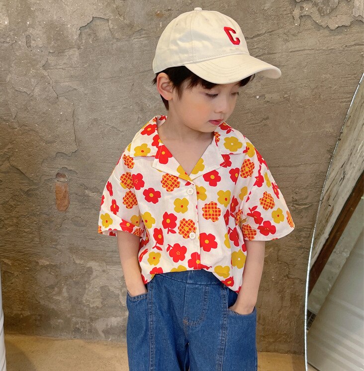 1835C Kinderen Shirt Broer Zus Kleding Jongen Korte Mouwen Shirts Zomer 2022 Bloemen Kinderen Dunne Shirts blouse: Red / 120 for 5y