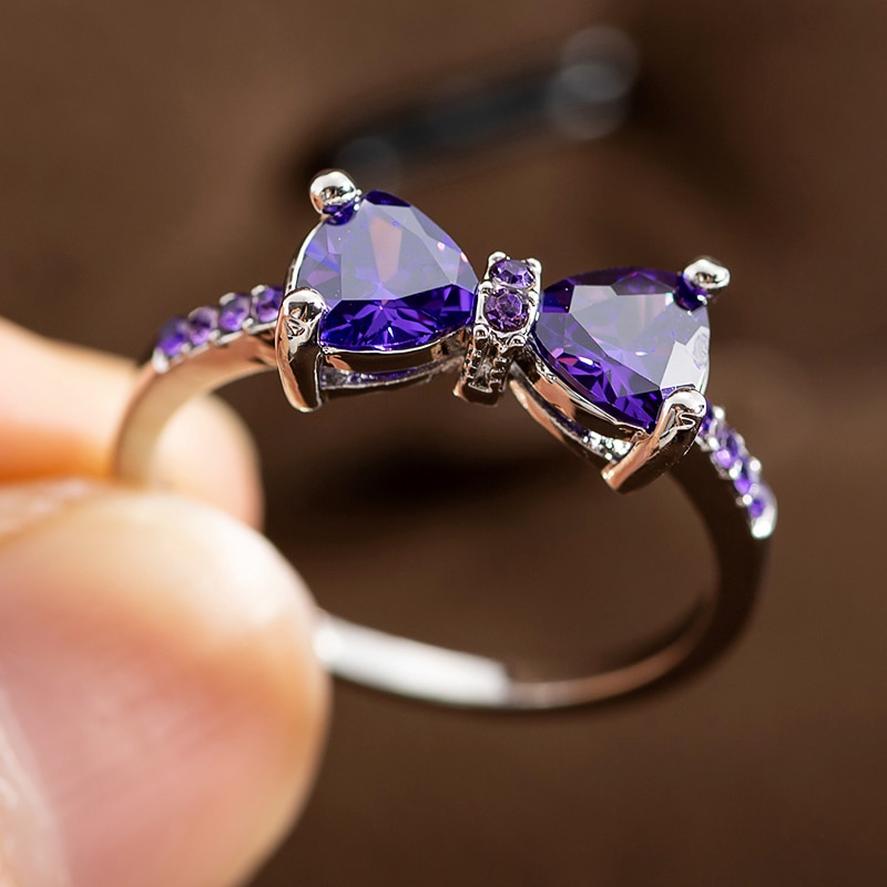 Anillos de boda de circonia púrpura para mujer, sortijas de lazo de cristal de lujo, joyería de compromiso, de para niña