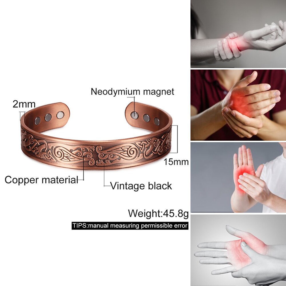 Viking Magnetic Pure Copper Bracelet Male Adjustable Cuff Energy Magnetic Bracelet Benefits Wristband 15mm Wide Men Bracelets