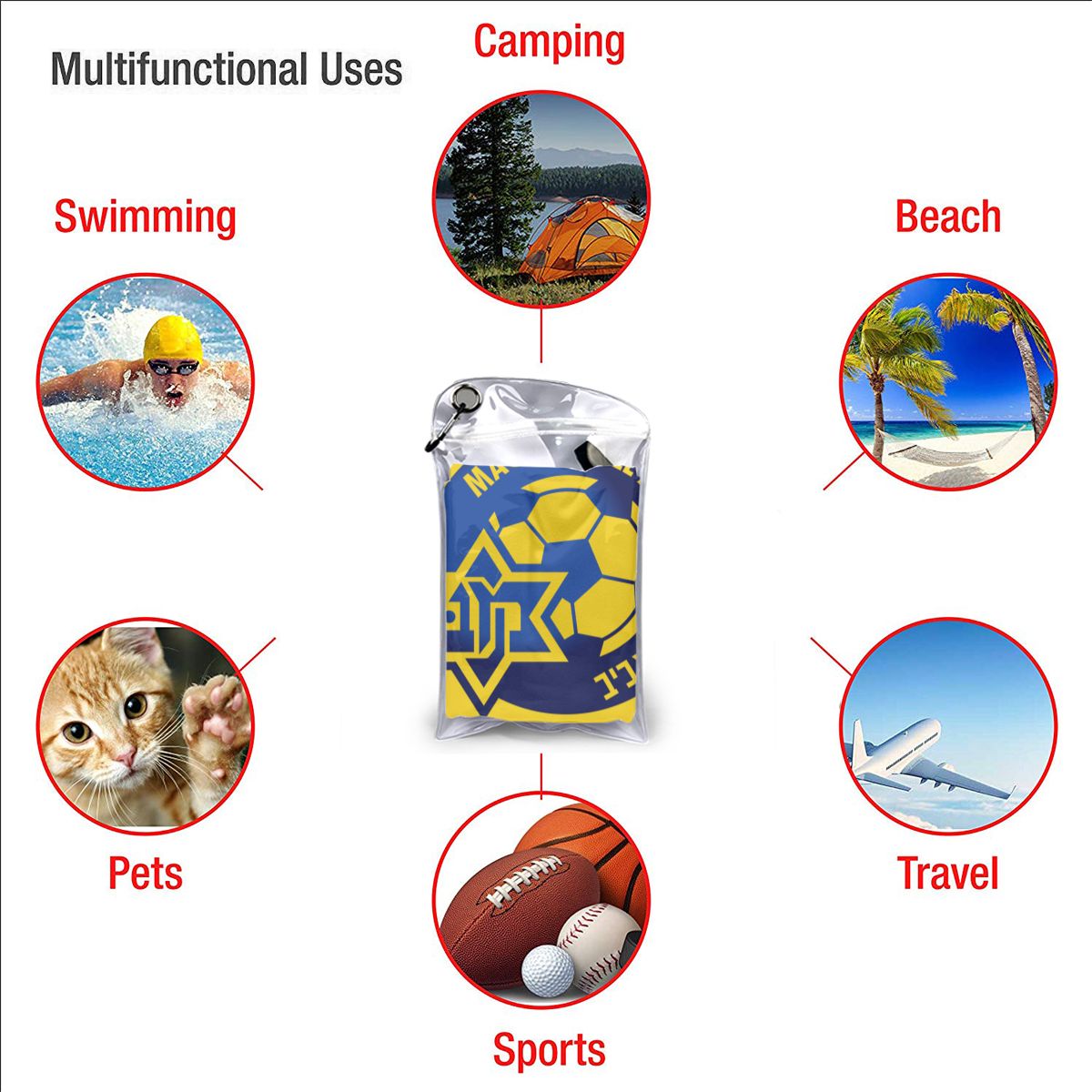 Izrael Maccabi Tel Aviv Fc szybkoschnący ręcznik kąpielowy ręcznik plażowy może być używany do Camping Fitness, szybkoschnący składany saszetka na pasek
