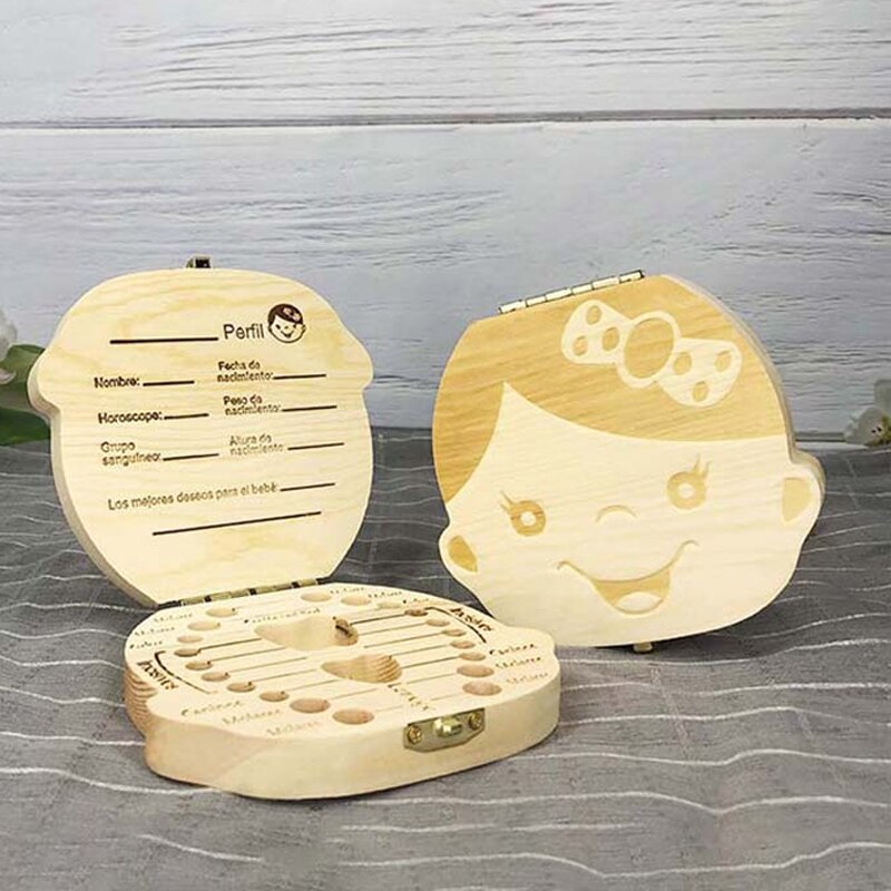 Wooden Baby Tooth Box Spanish/English/Dutch/Russian/French /Italian Wooden Milk Teeth Organizer Storage Boys Girls Baby Souvenir