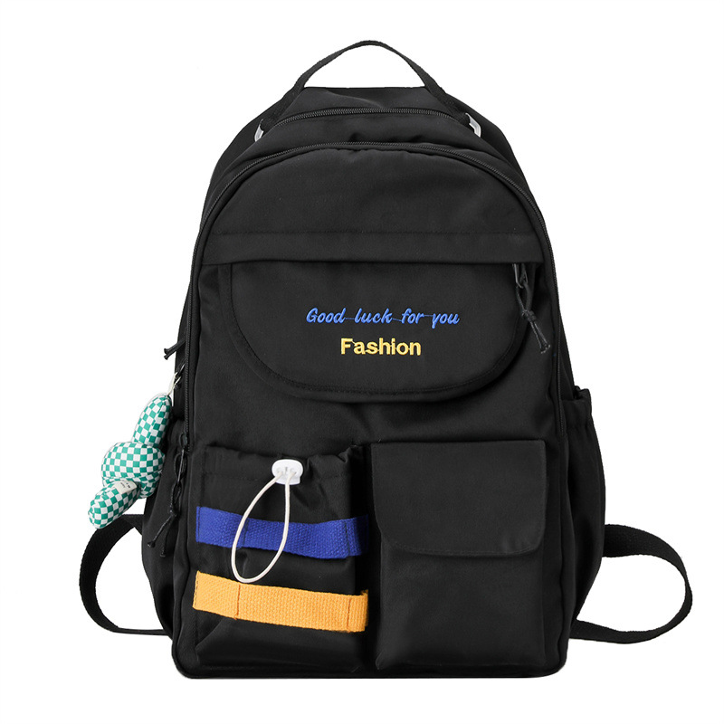 Fengdong teenage girls waterproof school backpack student high school bags female black notebook backpack girl large book bag: Black-With Pendant