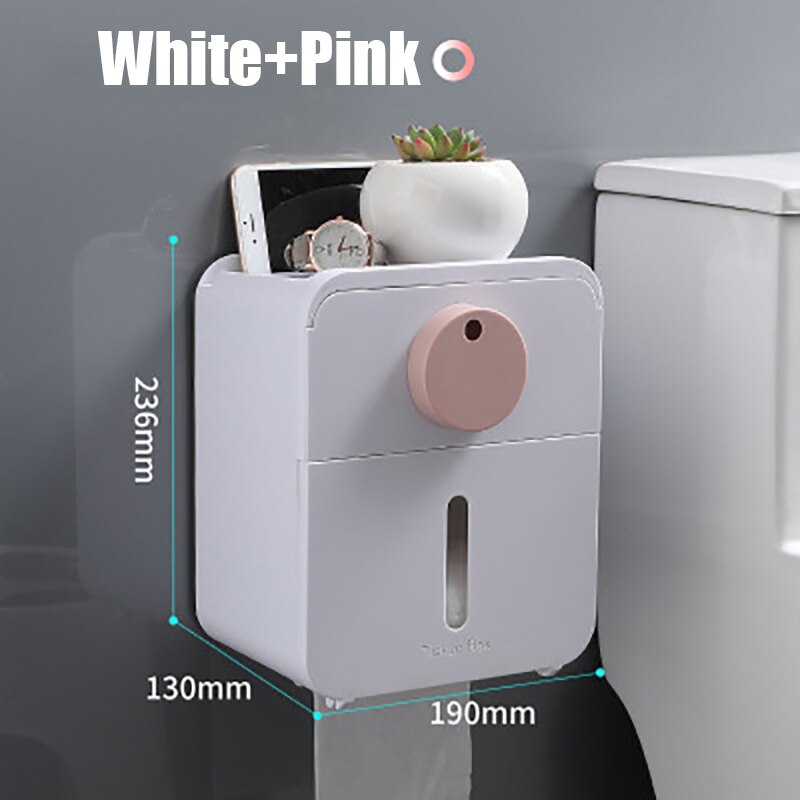 Baispo dobbeltlags tissueboks i toilet vægmonteret papirholder drænbar servietholder wc organizer badeværelsestilbehør sæt: Hvid-lyserød