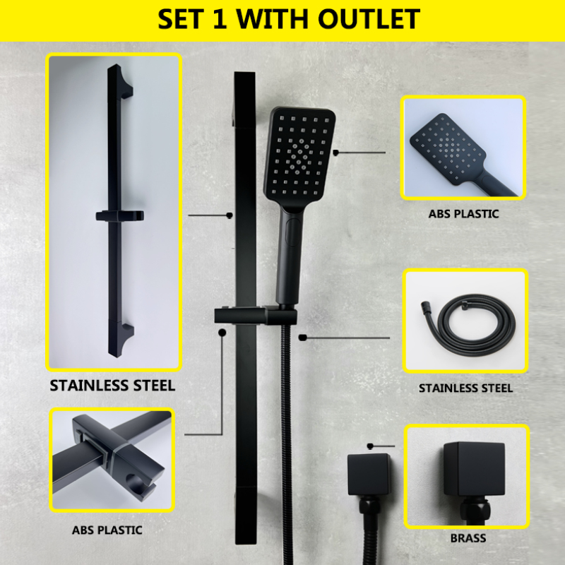 Ensemble de barre coulissante 1/2/3 fonctions laiton ABS plastique douche à main noir mat acier inoxydable barre réglable accessoires de salle de bains: Set 1 with Outlet