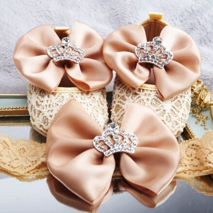 Dollbling designade baby småbarn skor aprikos blomma rosett diamant kronsmycken baby flicka baby skor pannband: Champagne / 3