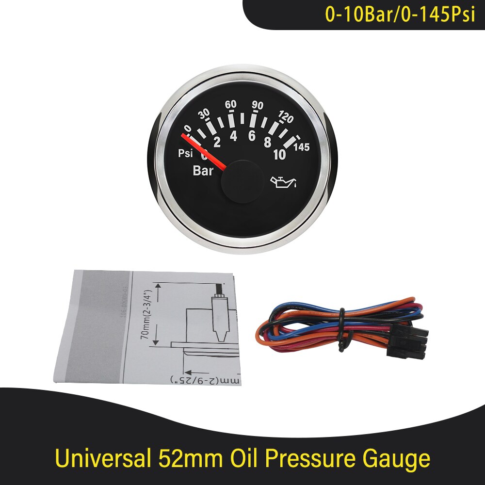 Universal vandtæt 52mm olietryksmåler 0-5 bar 0-75 psi /0-10 bar 0-145 psi med rød baggrundsbelysning 9-32v til bil lastbil båd: 0-10 bar bs