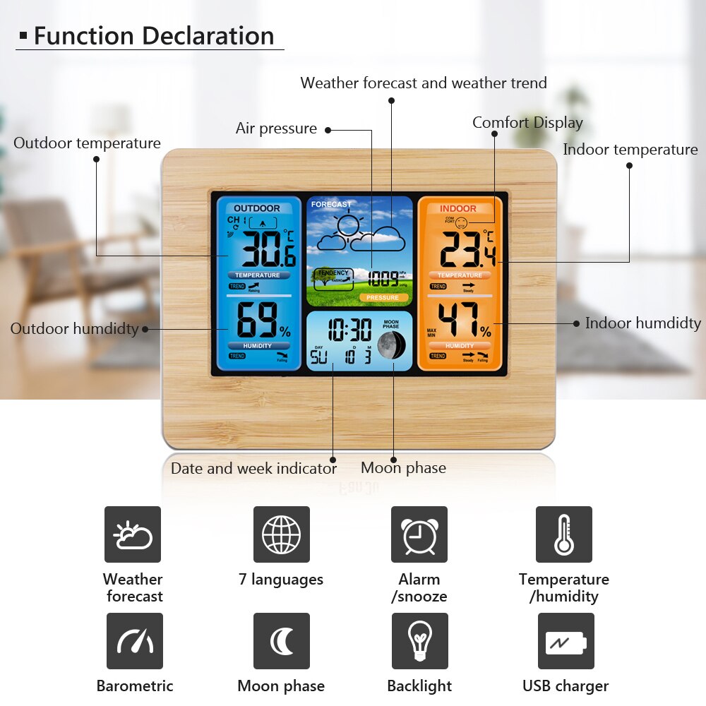 Digitaal kleurenweerstation met waarschuwing en temperatuur/vochtigheid/barometer/alarm/maanfase/weerklok met sensor