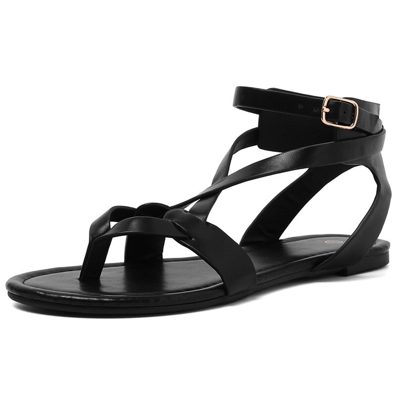 FEDONAS-sandales à sangle fine et Concise en cuir microfibre pour femmes, nouvelle été , boucle plates Rome chaussures décontractées: Black / 5