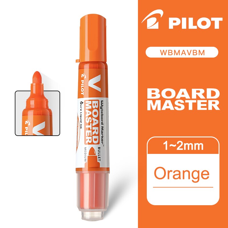 Japan PILOT Whiteboard Pen V Straight Liquid Multi-Capacity Ink Whiteboard Marker WBMAVBM Replaceable Core Office Supplie: 6 Pieces Orange Pen