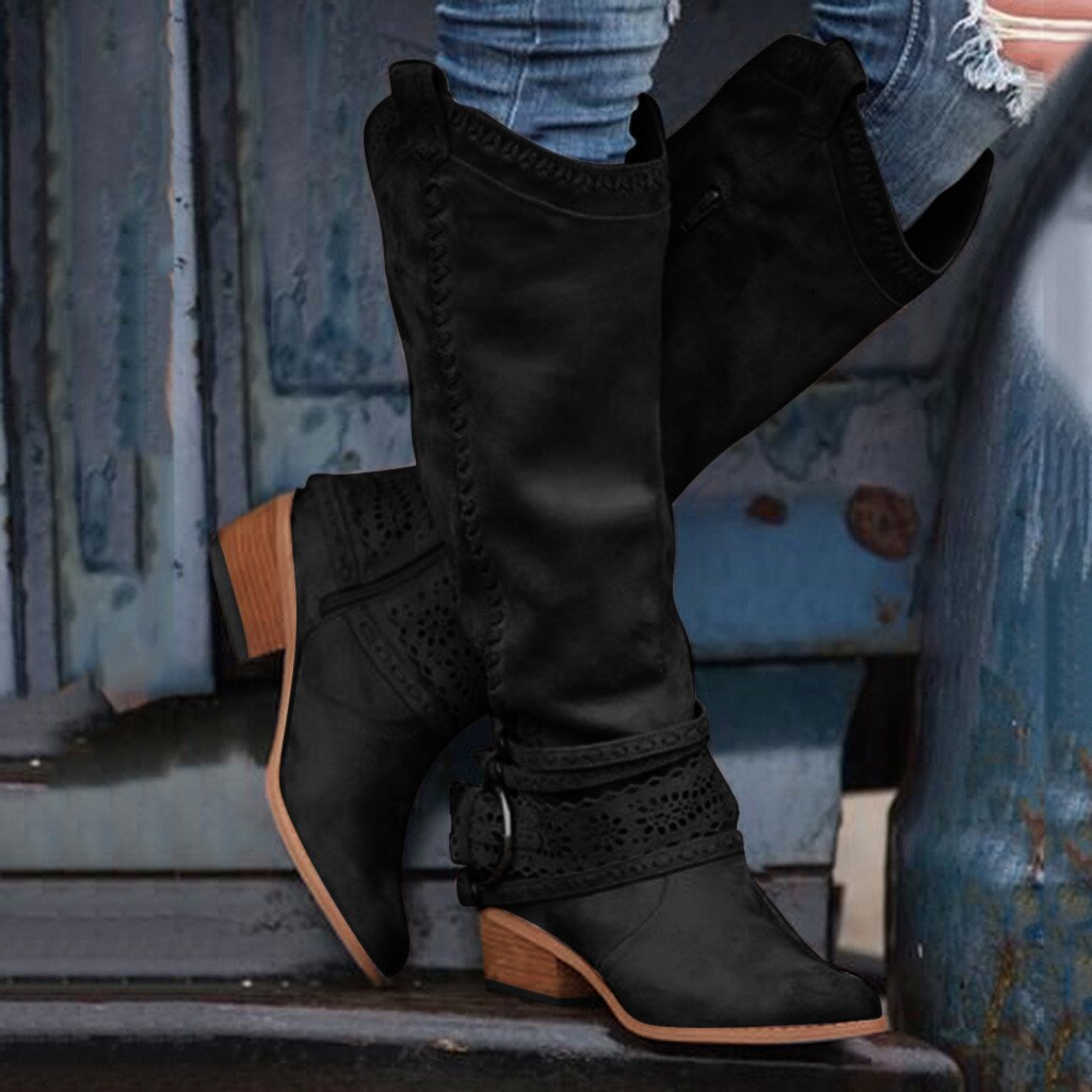 Vintage Women Western Boots Winter Pointed Toe Long Tube Knight Boot Female Knee-High High Heel Shoes Wide Calf Rome Botas