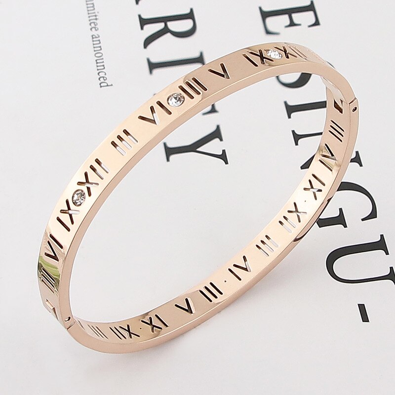 Opening Titanium Steel Bangles Crystal Rose Gold White Gold Bangles Roman Numerals Women&#39;s Bracelet