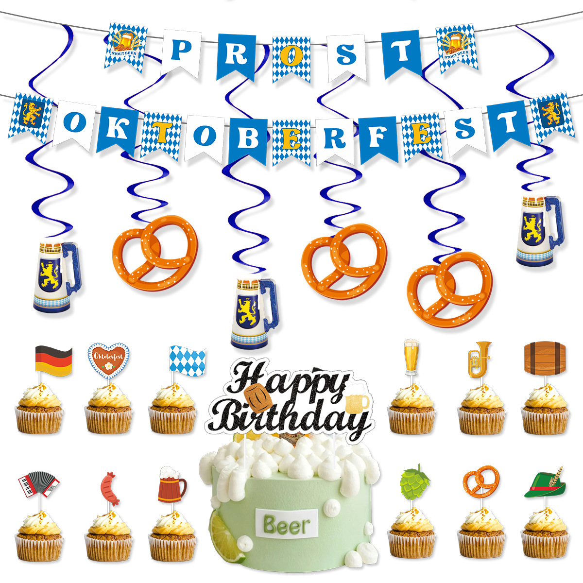 Oktoberfest Theme Party Banner Spiral Hanger Cake Topper for Adult Birthday Oktoberfest Beer Party Background Decoration
