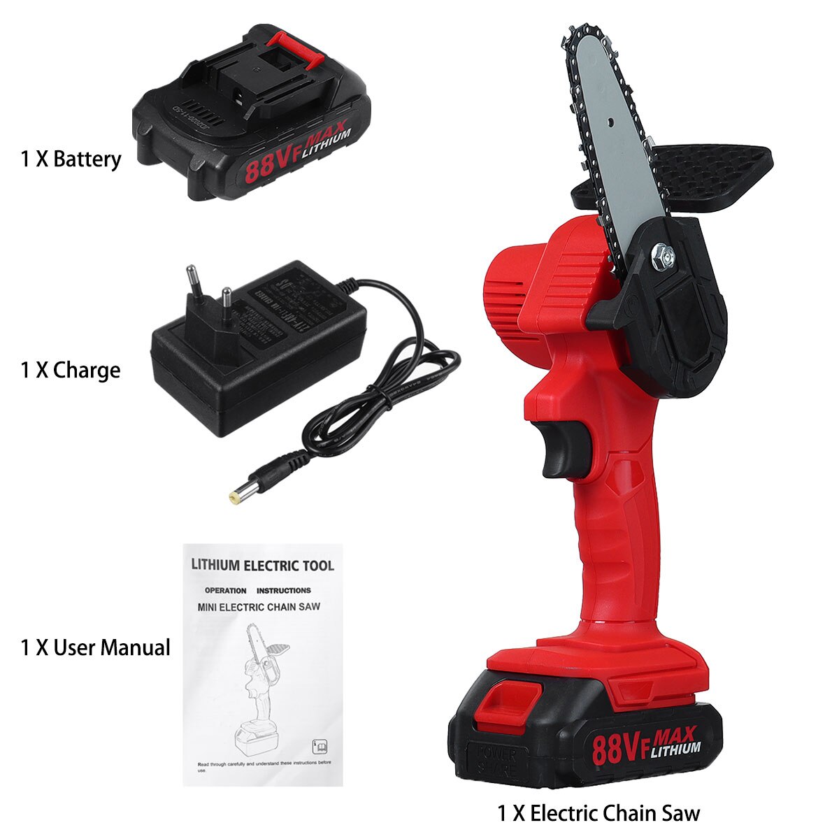 Mini sierras de cadena eléctricas 88VF, motosierra de poda, sierra de corte para árboles de jardín inalámbrica, para cortar madera con batería de litio: Red 1 Battery