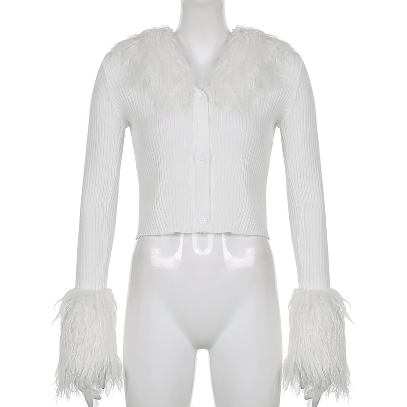 Winter 2022 Fur Collar and Cuffs Cropped Cardigan Sweaters Women Fairy Single Breasted Y2K Fairycore Jacket: S