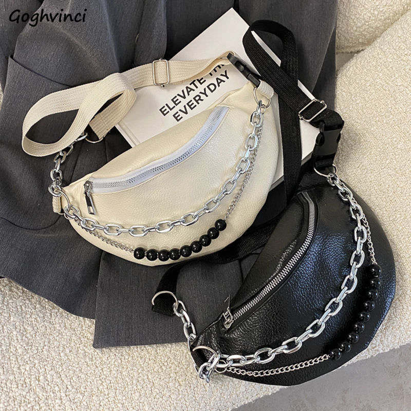 Waist Packs Women PU Leather Chain Unisex Chest Cross Body Women All-match Fanny Bags Ins Harajuku High Street Hip-hop