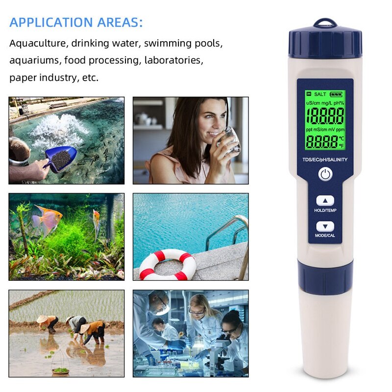 Monitor Digital de del agua 5 en 1, TDS/EC/PH/salinidad/temperatura, probador para piscinas, agua potable, acuarios