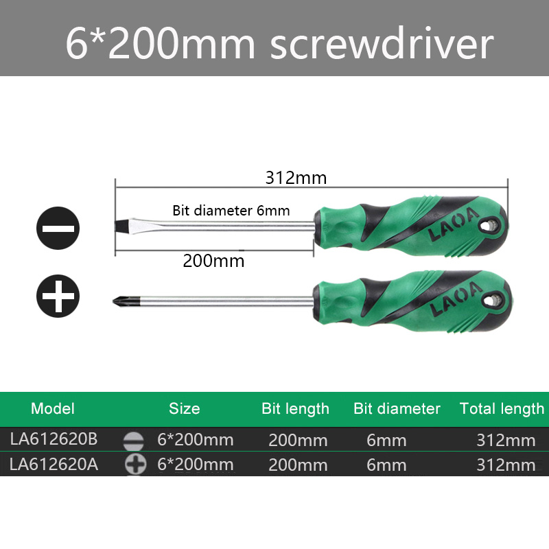 Laoa  s2 skruetrækkersæt med slids og stjerneskruetrækkere med magnetisk håndværktøj: 6 x 200mm 2 stk