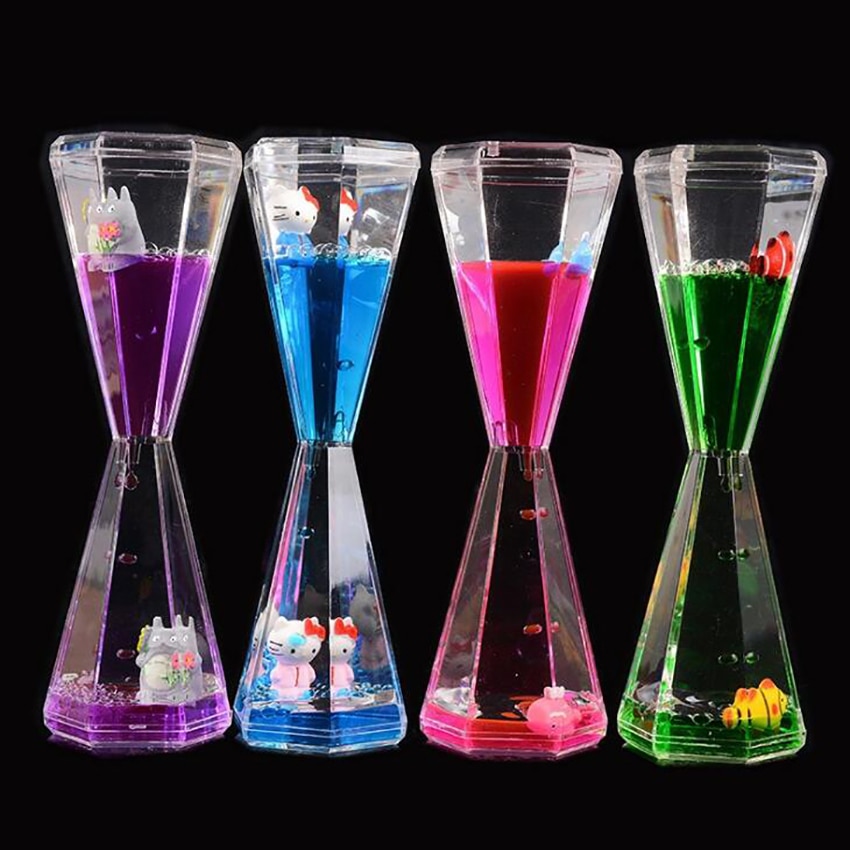 Hexagon Liquid Motion Bubbler for Kids & Adults Acrylic Hourglass Liquid Bubbler/Timer with Cartoon Ornament for Sensory Play