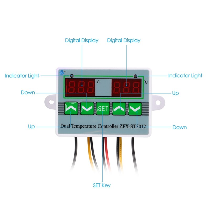 AC 12V Digital LED Dual Thermometer Temperature Controller Thermostat Incubator Control Microcomputer Dual Probe
