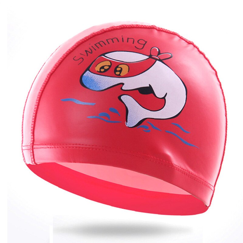 PowerPai Swimming Cap Children Waterproof PU for boys girls Comfortable Dolphine Cat Cartoon Swimming Pool Training Bathing Hood: Red