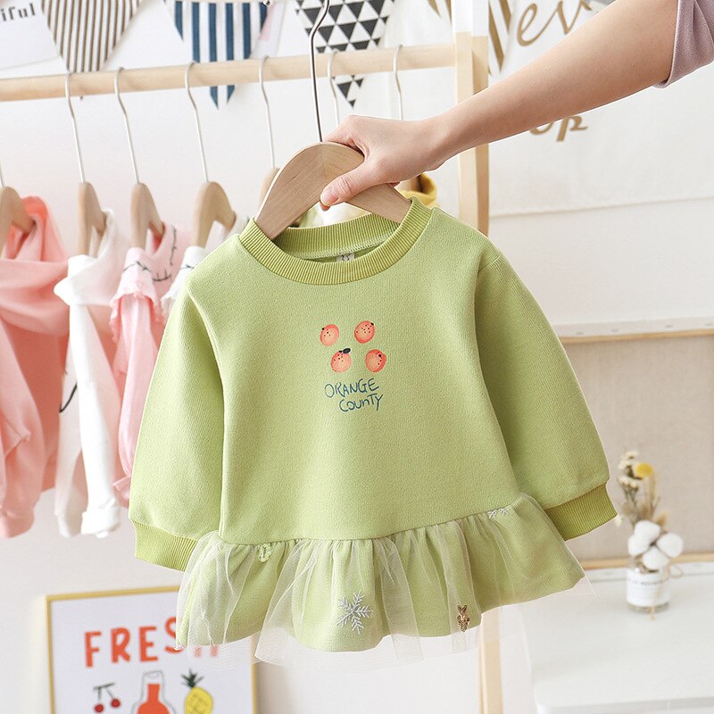 Bambini di Autunno Della Molla T-Shirt Ala Del Bambino Delle Ragazze Dolce di Stampa Del Cotone Della Principessa Dress Lace Hem T-Shirt Dei Ragazzi Delle Ragazze