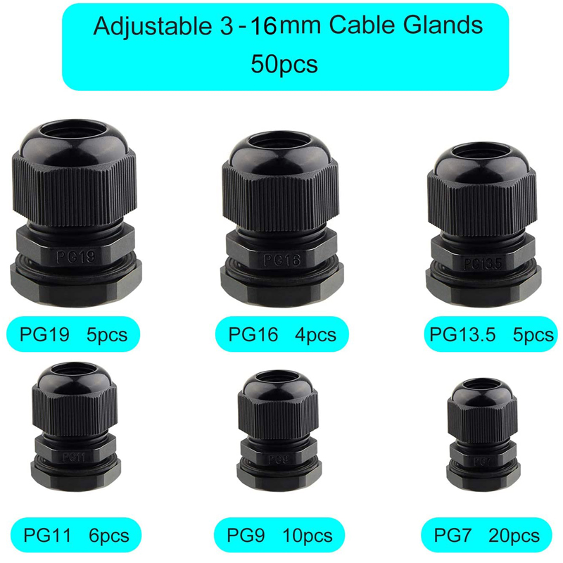 50PCS Waterproof Black Cable Gland Adjustable 3-16mm Cable Connectors PG7 PG9 PG11 PG13.5 PG16 PG19 Plastic Cable Gland Joints