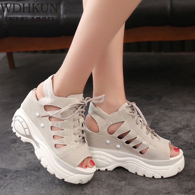 Sommar chunky sandaler kvinnor 6cm kilar höga klackar skor kvinnligt spänne plattform läder casual sommar tofflor kvinna sandal