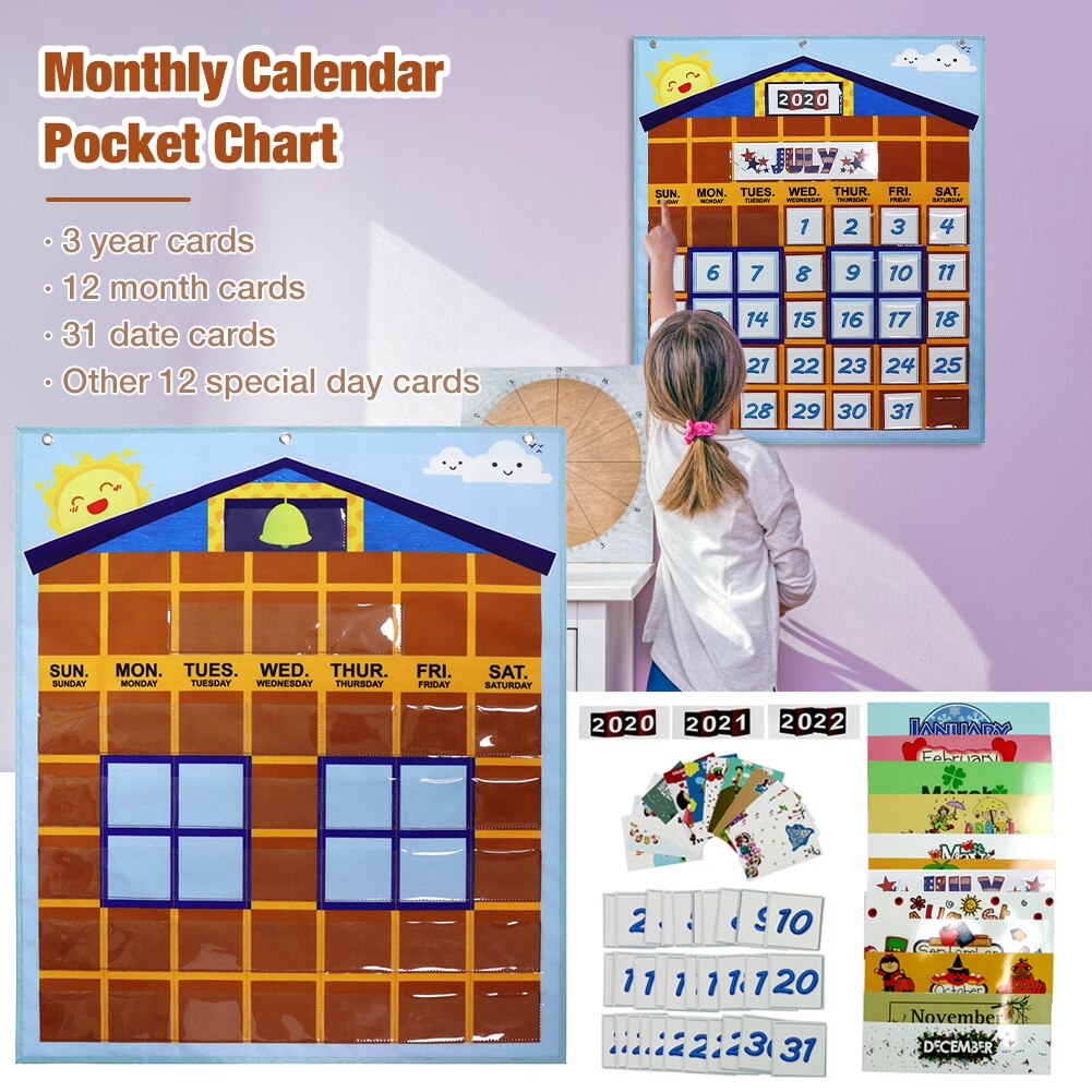 27x 32 Inches Classroom Monthly Calendar Pocket Chart Date Day Season Weather Learning Chart With 37 Transparent Pocket Chart