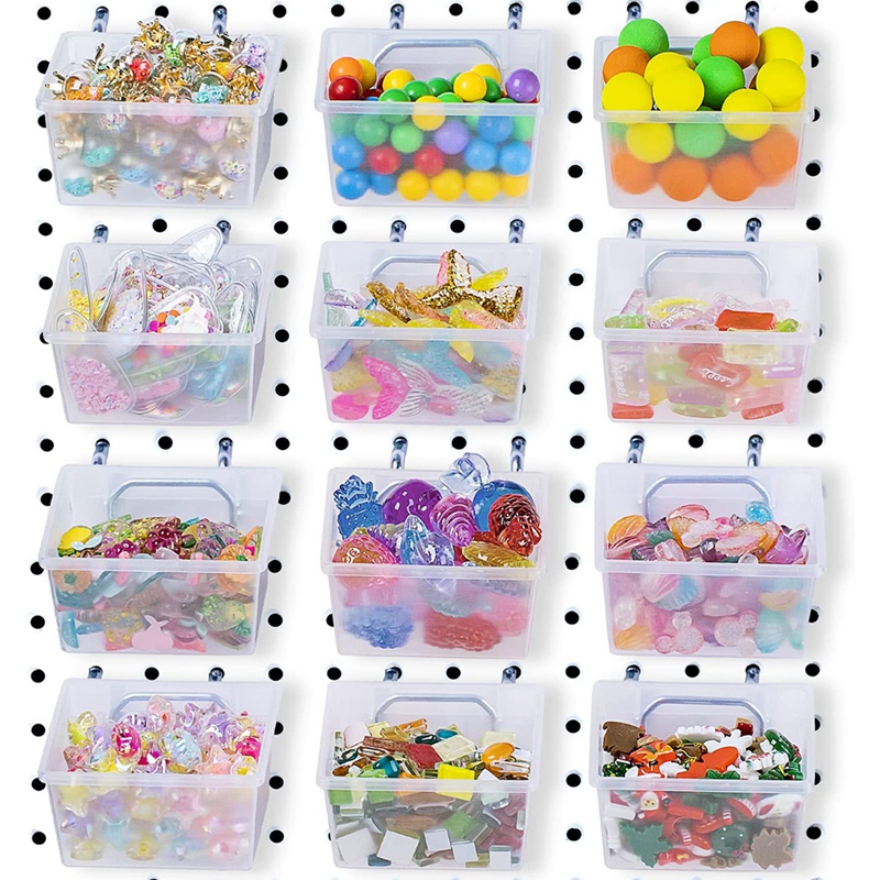 12 Pieces Pegboard Plastic Bins Kit - Pegboard Bins With Hooks - Pegboard Accessories Workbench Bins Fits To Peg Board