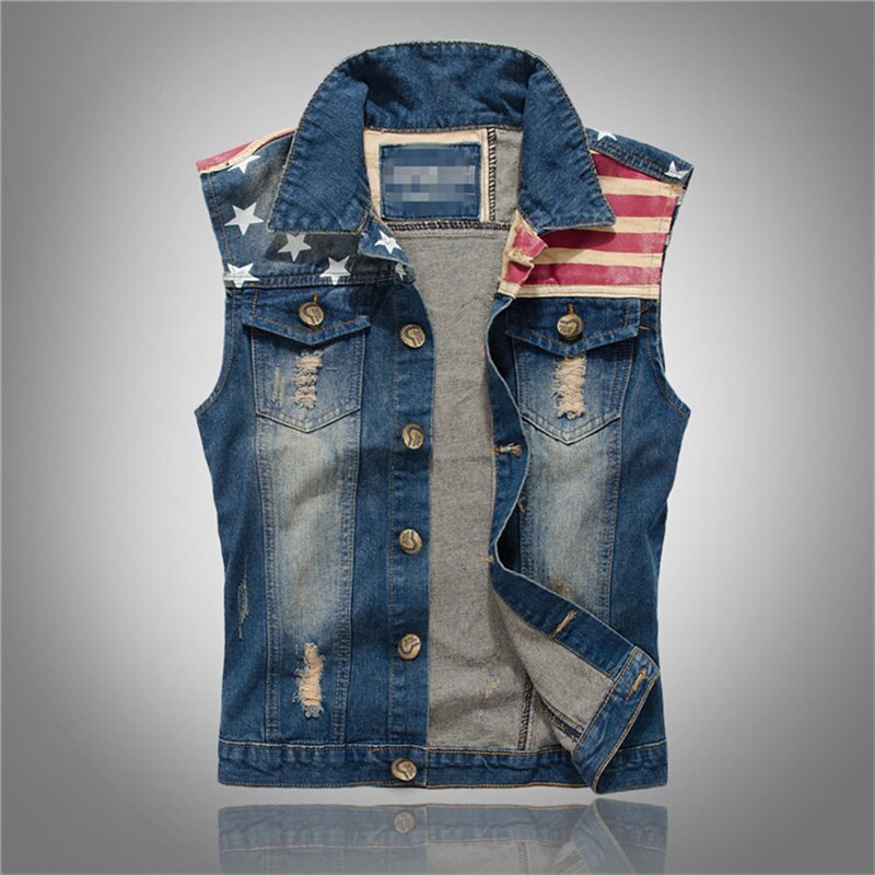 Forår efterår denimvest herre ærmeløs cowboy vest højkvalitets jean frakke revet slim fit afslappet bomuldsjakke til mænd: Himmelblå / S