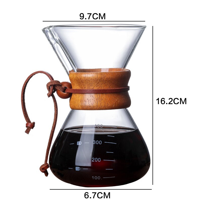 Olla de vidrio para café hecha a mano resistente al calor, juego de filtros para compartir mango de madera, adecuado para el hogar y la Oficina, 400/600/800ML