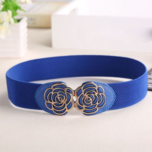 Cinturón ancho Vintage para mujer hebilla elástica hebilla de Metal extensible faja: Azul