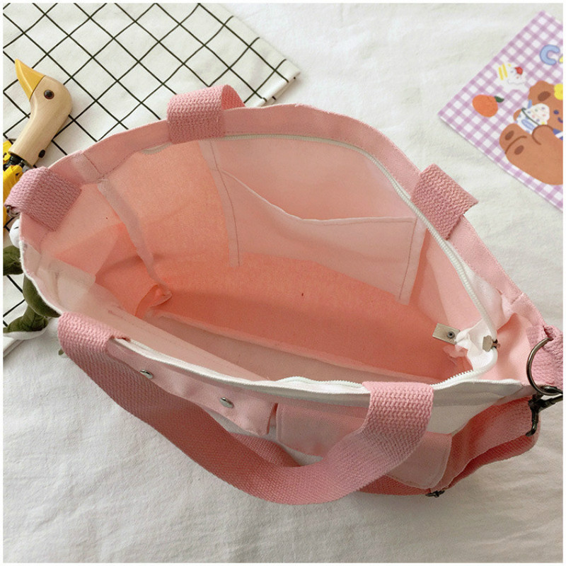 Women&#39;s Double Pocket Canvas Bag Trend Single Shoulder Bag with Lid Zipper Messenger Bag Tote Bag Student Tuition Bag