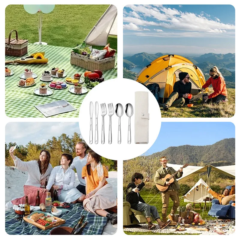 Serviesset Roestvrij staal Draagbaar bestek Dinermes Vork Lepel 6-delig pak met opbergtas Voor reizen Camping Bestek
