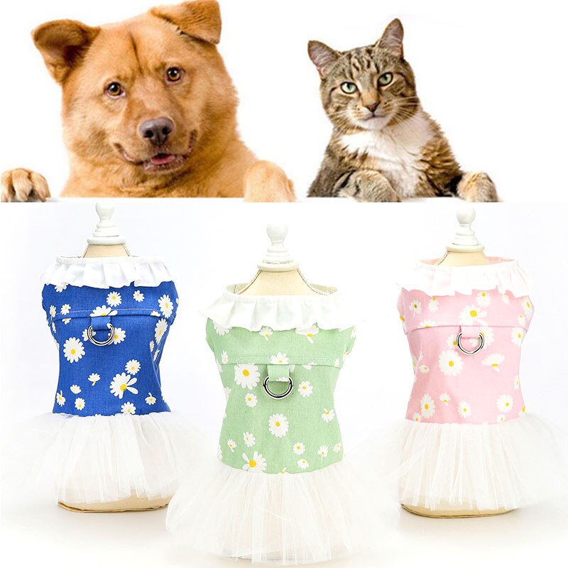Denim Floral Print Dog Dress Gauze Dog Skirt Teddy Cute Princess Dress For Small Dogs Pet Puppy Costume Dog Clothes