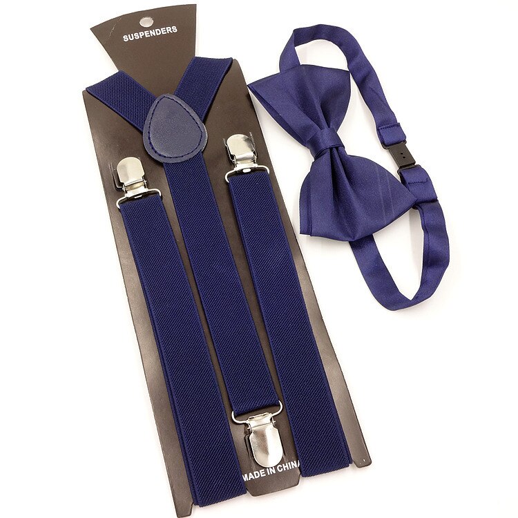 Effen Kleur Man Riem Bowtie Set Mannen Vrouwen Bretels Polyester Y-Back Bretels Twee Kleuren Strikje Verstelbare elastische: Marineblauw