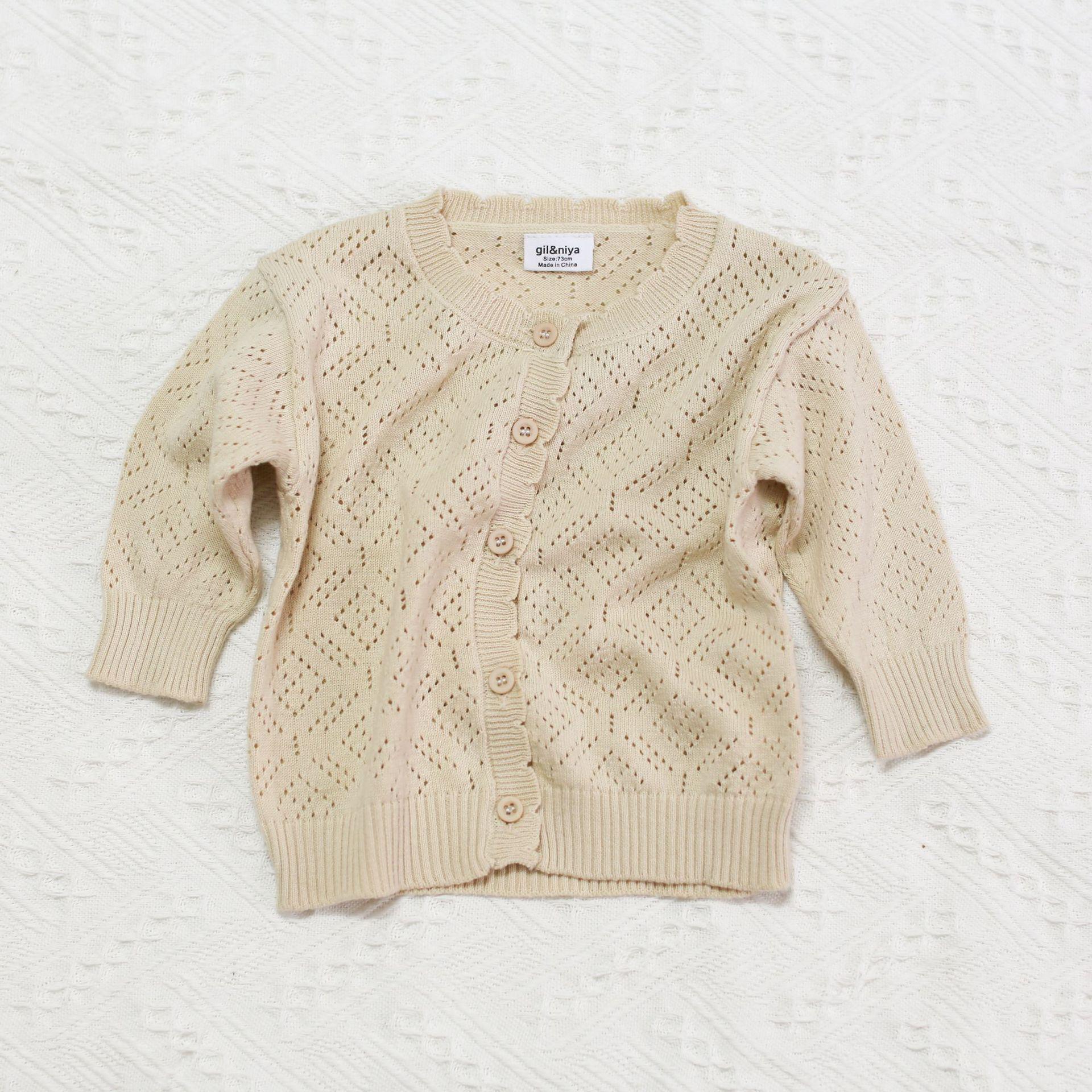 3464 børns tynde sweatere piges langærmet solid solbeskyttelseshirt klimaanlæg cardigan strikket hule frakke: Off-white / 73cm(6-9m)