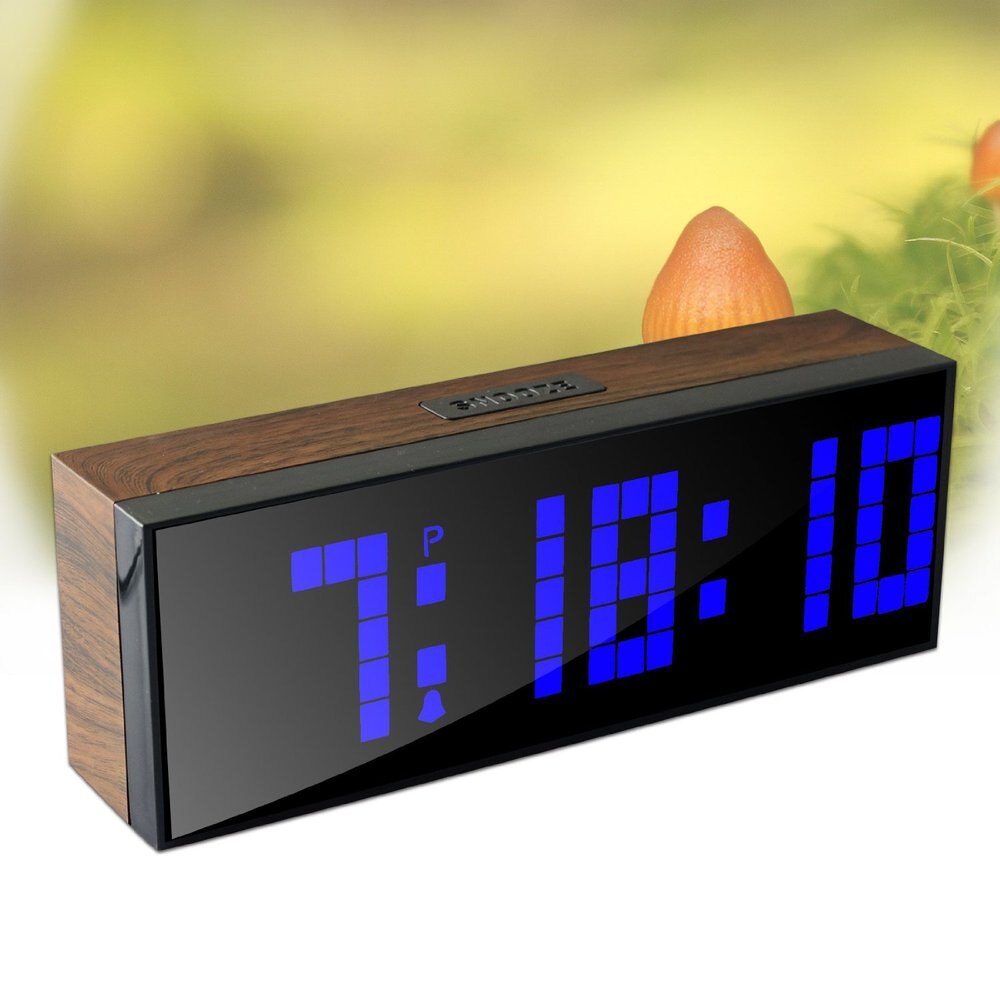 Led Wooden Clock Digital Wood Wall Watch Big Screen Dual Alarm Watch Bedside Snooze Kitchen Timer Office Temperature Date timer: Blue