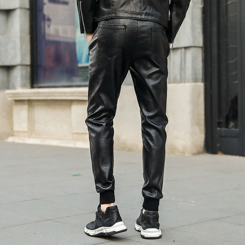 men streetwear leather pants casual slim fit washing locomotive pants mens feet Joggers