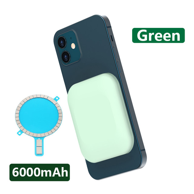Portable Magnetic Power Bank 15W Wireless Charging For Apple iPhone 13 Xiaomi Huawei Samsung 6000mAh External Battery Charger: Green