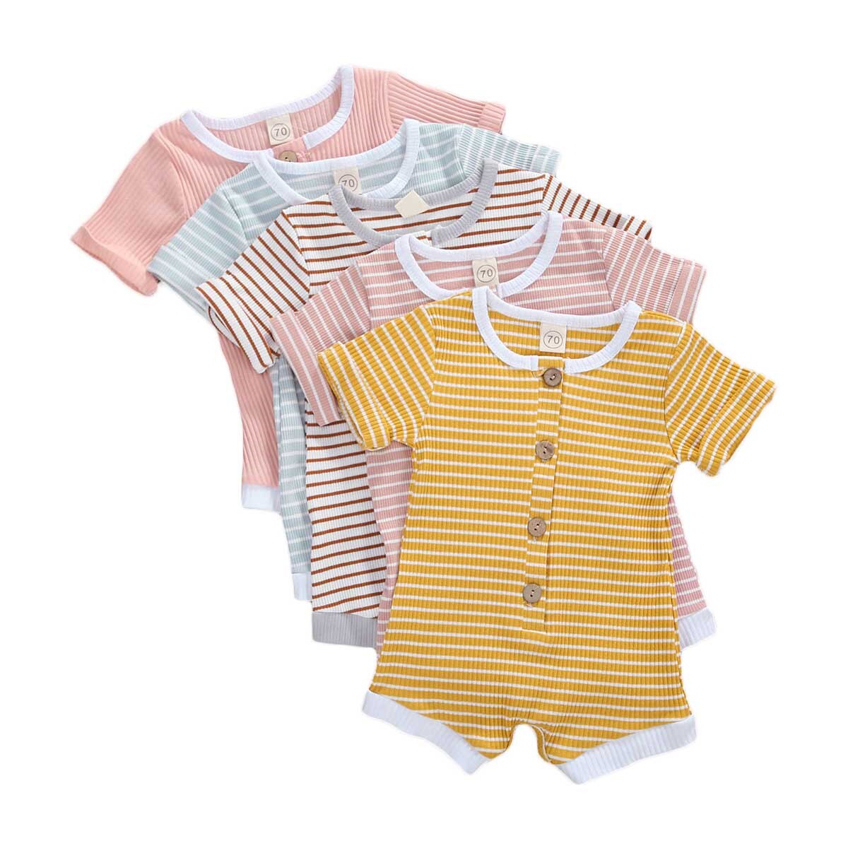 0-18M infantile bébé filles garçons barboteuse rayé imprimé manches courtes simple boutonnage combinaisons 5 couleurs