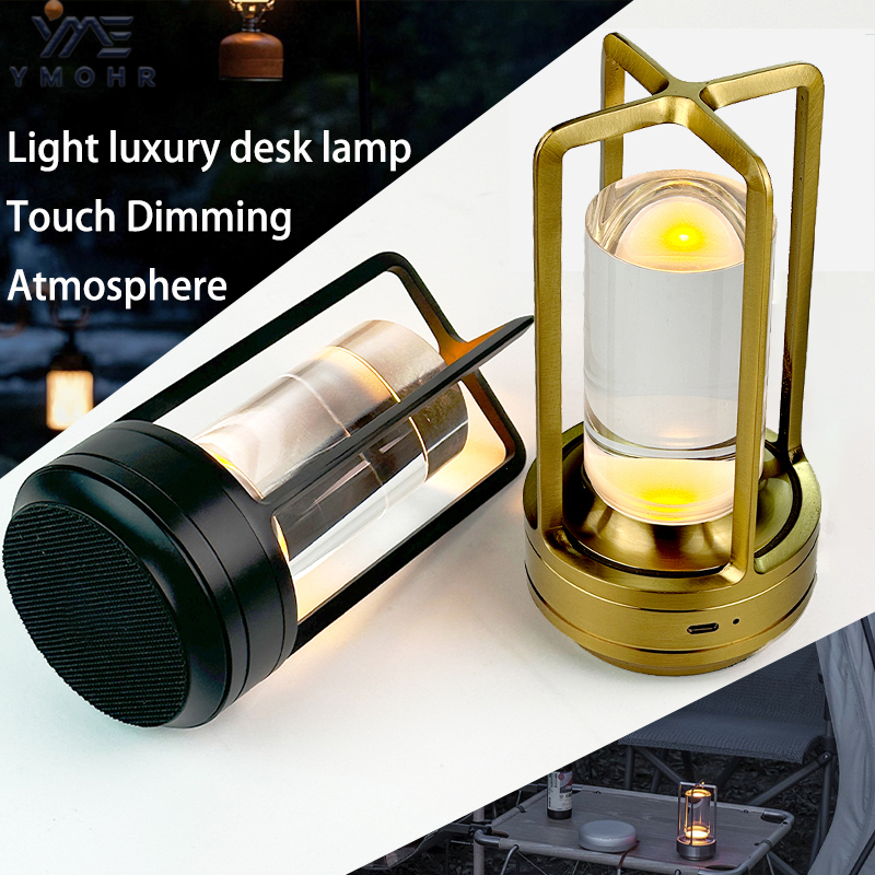 LED-lantaarn metalen frame tafellamp onzichtbare aanraakbediening modern draagbaar nachtlampje oplaadbaar met kristallen kolom LED-lamp