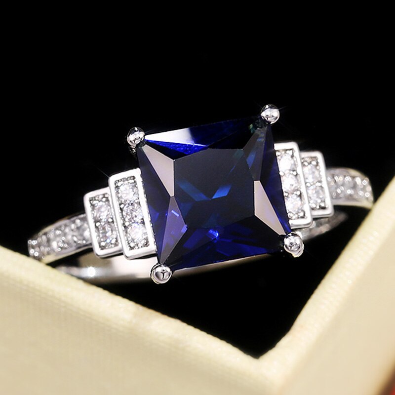 Huitan Noble Blue Princess Cut Women Rings Lady Wedding Engagement Party Ring Jewelry Anniversary for Lover: 8