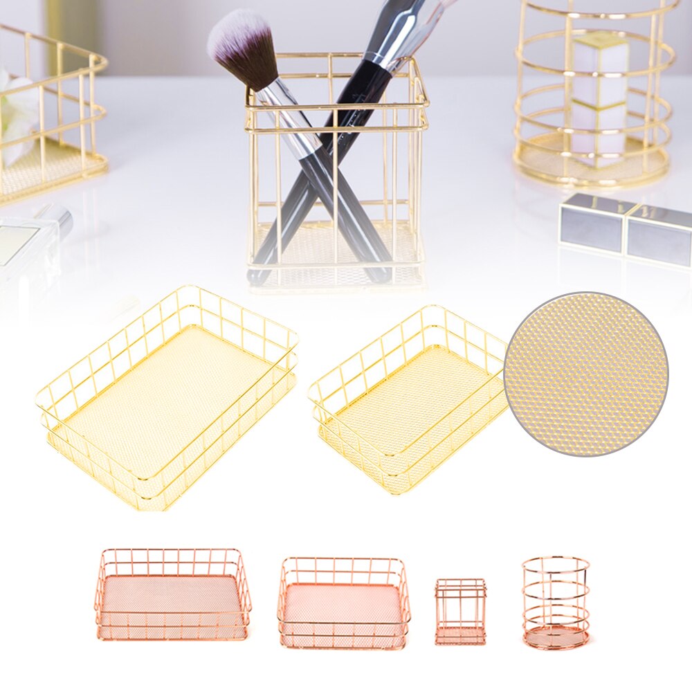 Office Desk Table Mesh Square Pencil Pot Cup Case Container Organizer Rose Gold Metal Pen Holder Home School Storage Basket